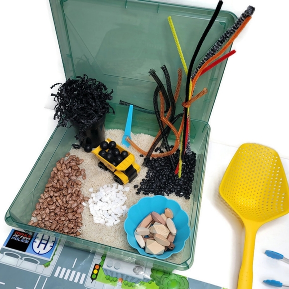 Sensory bin construction site with dump truck rocks rice beans scoops and more! - Picture 4 of 8